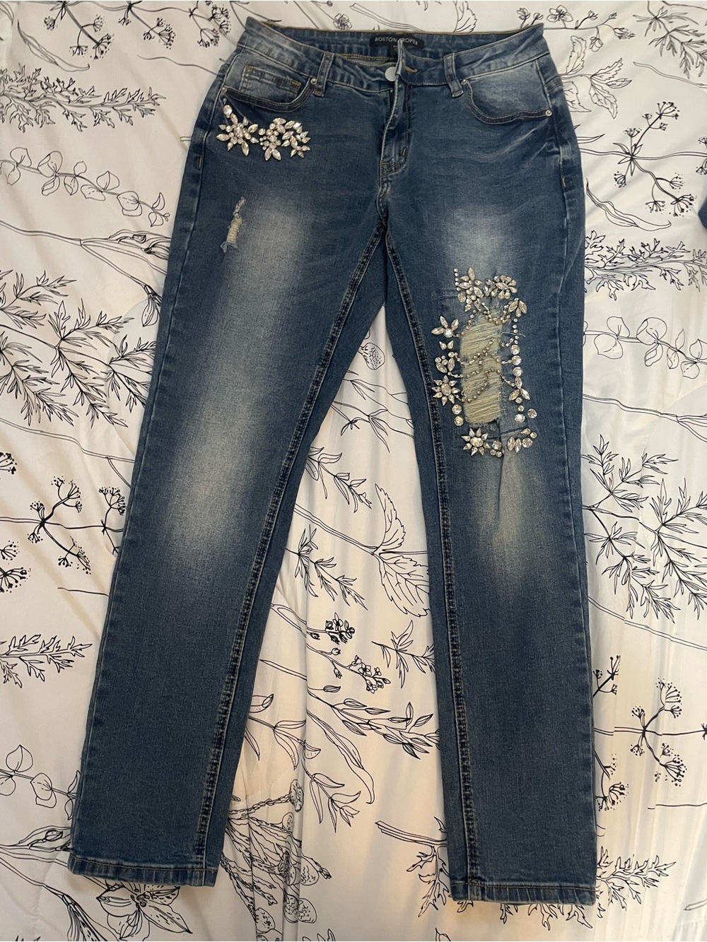 Boston Proper Dark Blue Skinny Jeans with Crystal Floral Embellishments